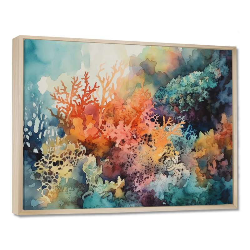 «Vibrant Coral Reef I - Modern Beach», art mural, H 30 po x l 40 po x P 1,5 po, Cadre flottant érable