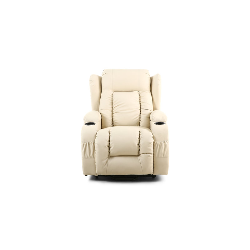 Wing Back Bonded Leather Lift Assist Rise Recliner Chair Armchair with Heat & Massage, Cream, Single Motor Lift Assist