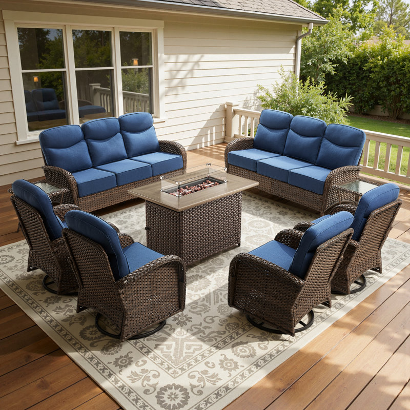 Ensemble de conversation pour canapé 9 pièces avec chaises pivotantes et foyer extérieur 9 pièces, Bleu, Brun