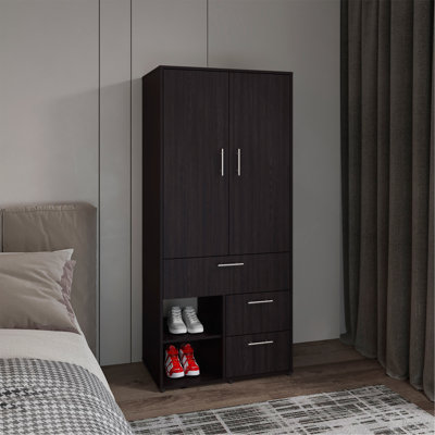 Armoire H 70,90 po, 2 portes, 3 tiroirs, 2 tablettes, 6 pieds, wengé noir - Chambre
