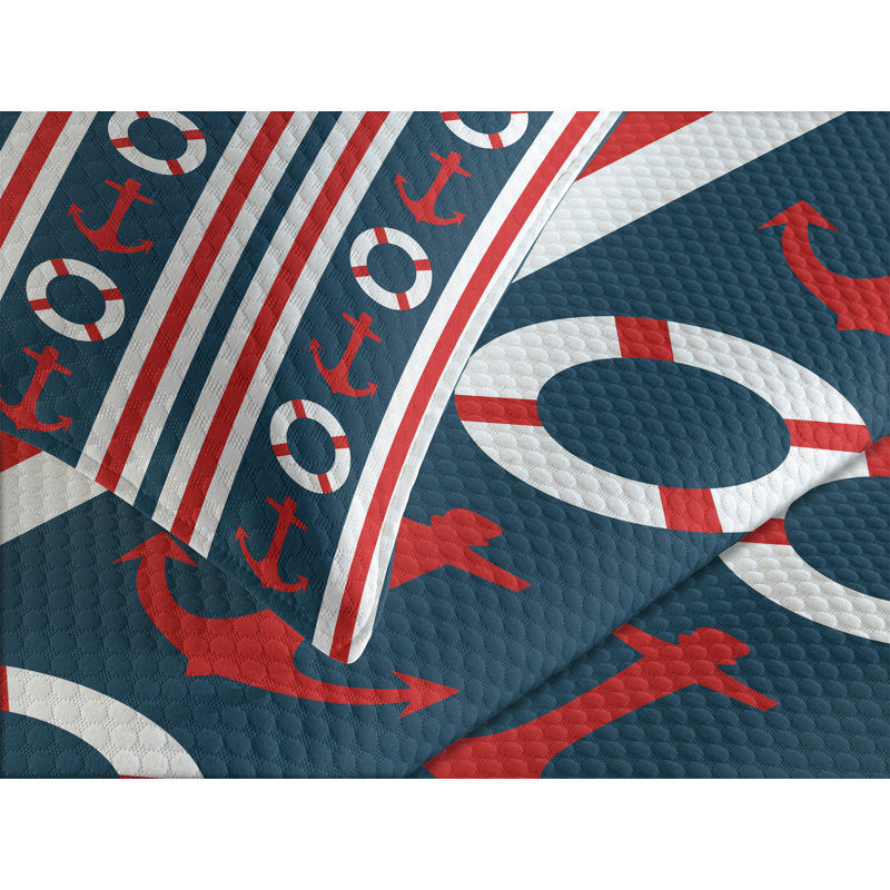 Nautical Queen Bedspread Set with Anchors and Stripes
