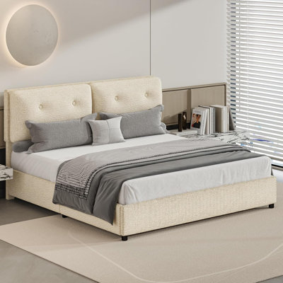 Bed Frames with Headboard, Boucle Bed Frame with Upholstered Headboard, Removable Upholstery, Wooden Slats Support, No Box Spring Needed