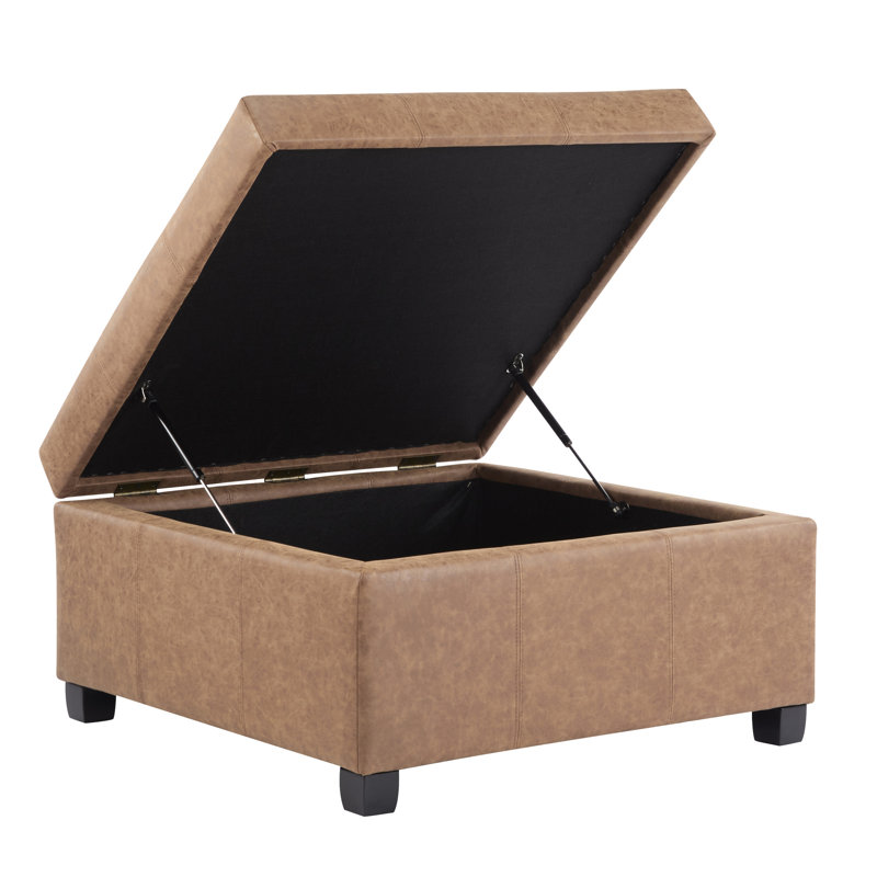 Banc de rangement rembourré 35 po carré en similicuir brun avec revêtement gaufré et pieds en bois de bouleau pour le salon et le bureau