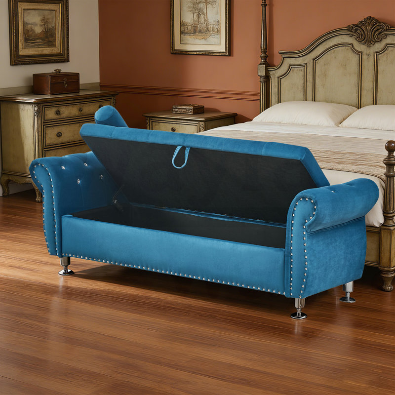 CHIRA  Blue Velvet Bedroom Bench, Bed Bench with Button-Tufted Large Upholstered Storage Bench Ottoman, Blue