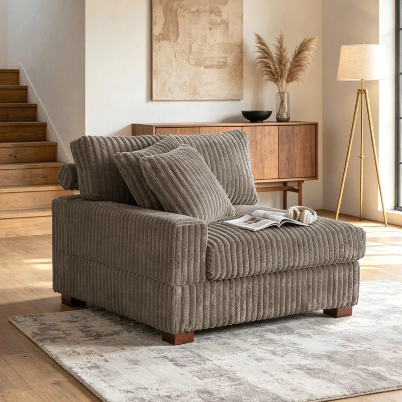 Stephania Upholstered Light Brown Faux Rabbit Fur Flannel Armchair with Pillow Back, One Arm Single Chair Module Part For Sectional Sofa