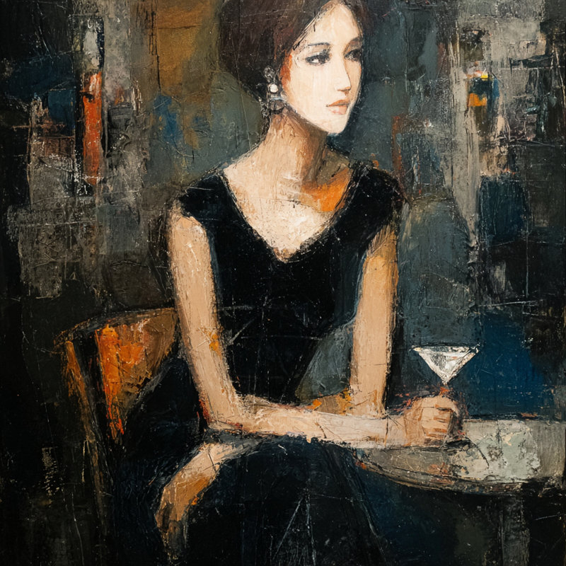 Evening Whisper - Femme avec un martini dans une ambiance sombre, H 20 po x l 20 po