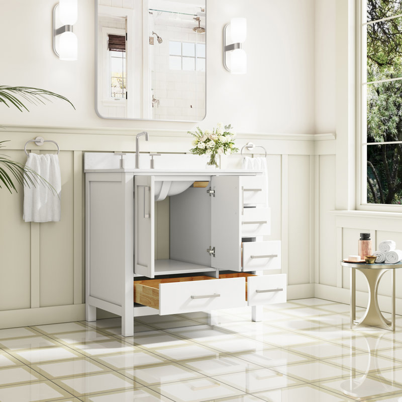 Freestanding 36" W x 35" H Solid Wood Bathroom Vanity With Carrara White Cultured Marble Countertop And Ceramic Single Sink,White