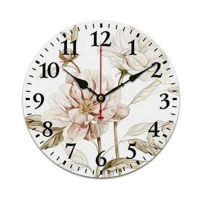 Beige Peony Sketch 12" x 12" Round Wall Clock Decor, for Bedroom Courtyard