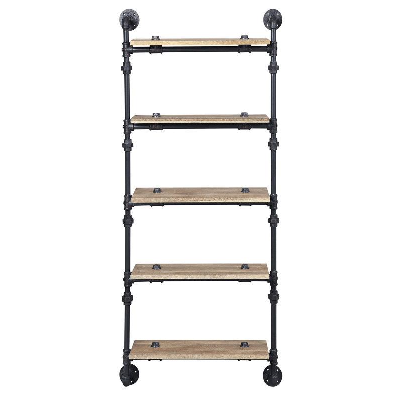 Étagère murale à 5 tablettes style rustique - chêne et noir sablé, métal pour présentoir industriel