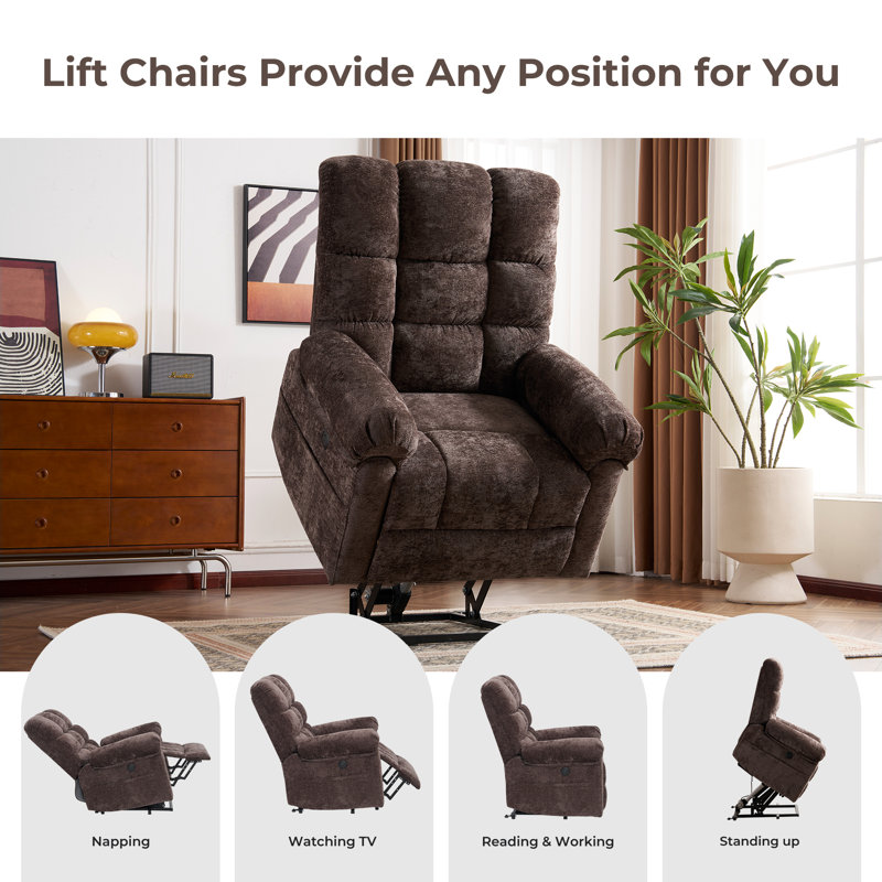 Oversized Power Lift Recliner Chair with Massage and Heat for Elderly, 26" Extra Wide Lift Chair for Big and Tall, Chenille Electric Lift Recliner with Overstuffed Backrest, USB Port