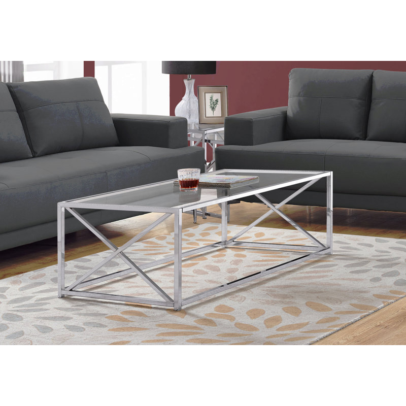 Table basse, accent, cocktail, rectangulaire, salon, L 44 po, verre trempé transparent, métal chromé, contemporain, moderne