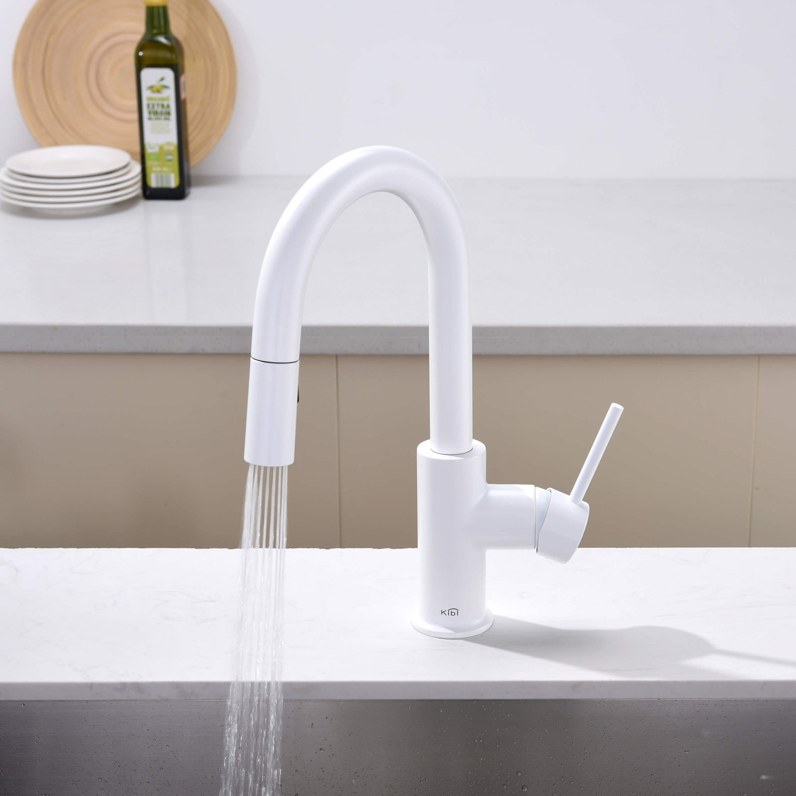 Luxe Pull Down Single Handle Kitchen Faucet with Accessories, Matte White