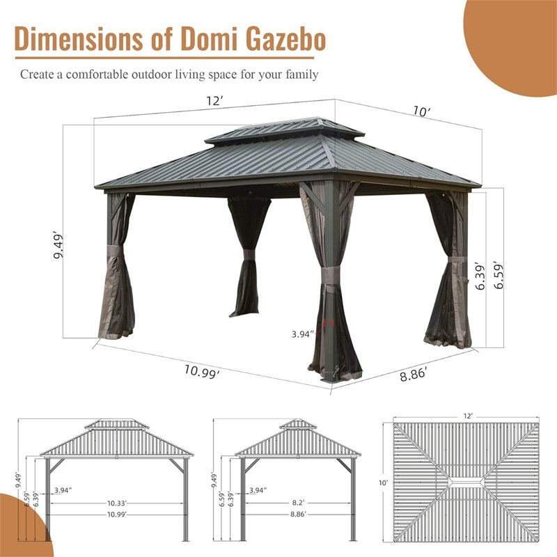 Metal Vault Gazebo, Gray, 113.88" H x 144" W x 120" D