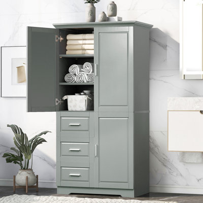 Armoire de rangement haute et large avec portes pour salle de bain / bureau, trois tiroirs, gris