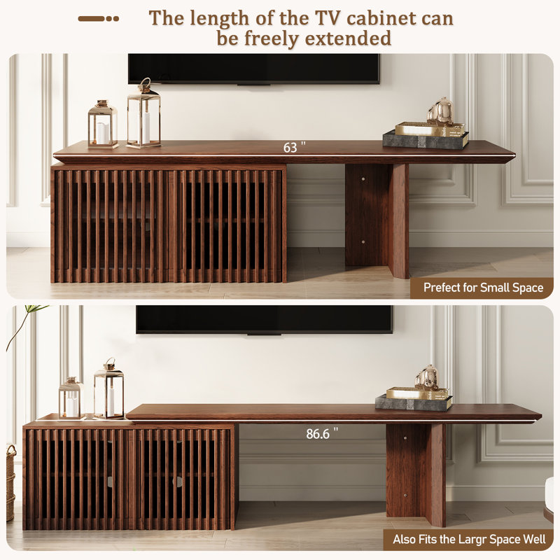Jarisa 86.6'' W Storage Credenza， Retracted Extendable Tv Stand -Wood Tv Console Media Cabinet With Storage, Walnut