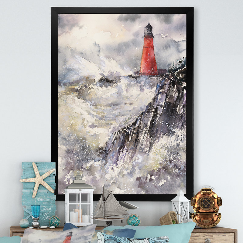 Phare gris, paysage orageux, reproduction d'art sur toile, H 20 po x l 12 po x P 1 po, Toile avec cadre photo noir