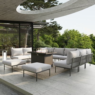 Ebern Designs 11 Pieces Aluminum Patio Furniture Set, Modern Modular Sectional Sofa with Fire Pit Table and Upgrade Thickness Cushion