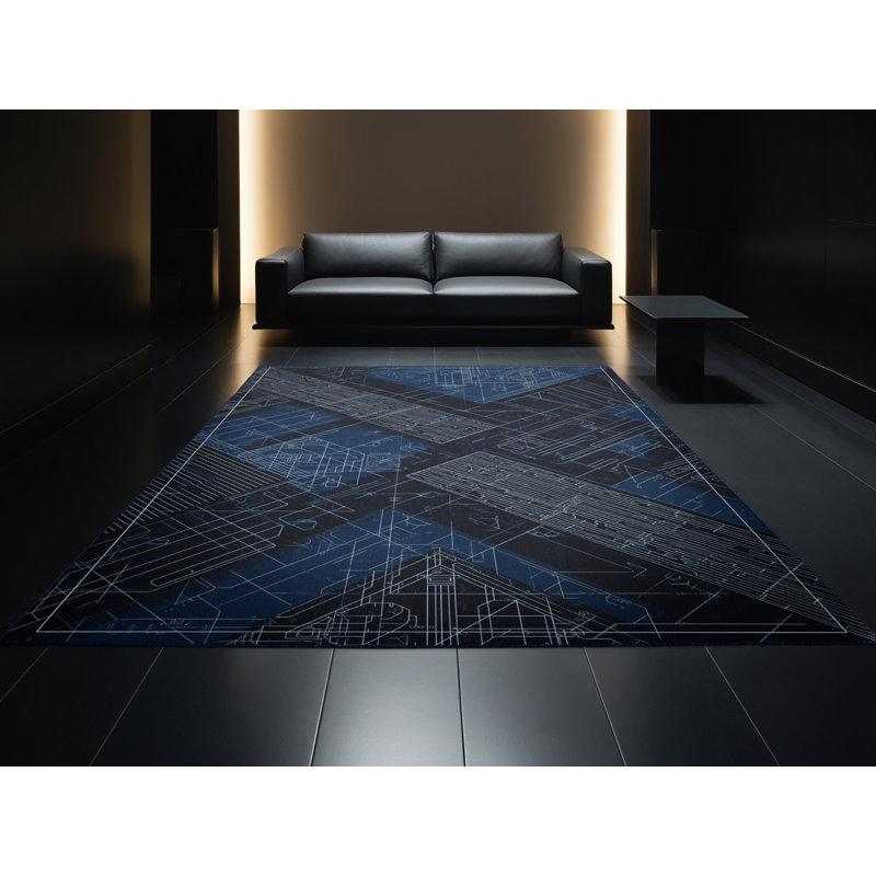 Soft Plush Menahan Blueprint Design Modern & Contemporary Geometric Area Rug in Gray – Navy Binding, 4x6