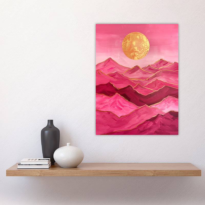 Hot Pink Sun Mountains Sunset Landscape Wall Art Print