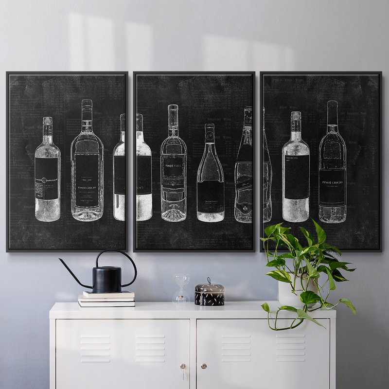 "Wine Cellar", peinture sur toile 3 pièces, Cadre noir, H 36 po x l 75 po