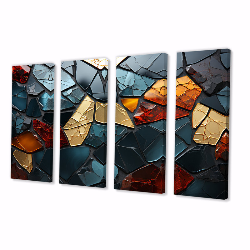 Carreaux de mosaïque cubiques dorés et bleus V - marbre abstrait, ensemble de 4 décorations murales, H 28 po x l 48 po