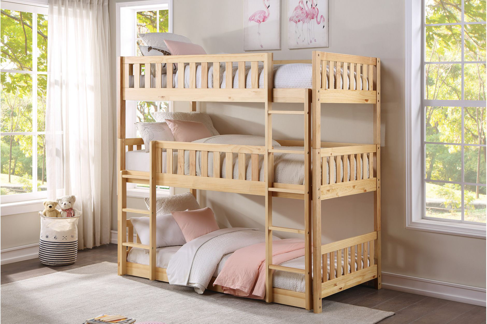 Harriet Bee 3-3_Carlen Natural-Pine Triple Bunk Bedroom Set | Wayfair