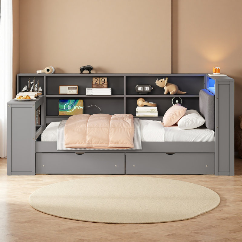 Stylish Wood Twin Size Platform Daybed With Storage Shelves, Drawers, Charging Station, LED Lighting, Desk & Upholstered Headboard, Gray