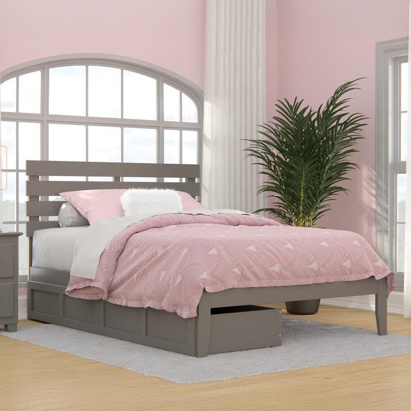 Madaket Premium Wood Farmhouse Storage Platform Bed with Under Bed Drawers, Gray, Full