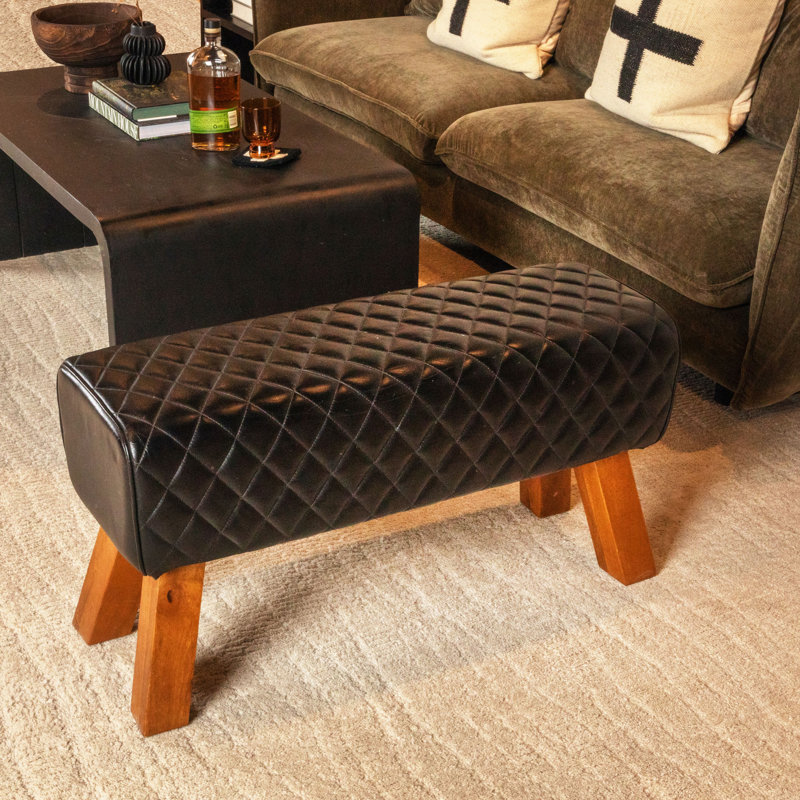 Elijah Stitched Genuine Leather Bench with Mango Wood Legs, Black, Black 