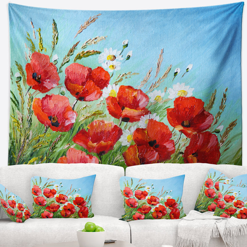 Coquelicots floraux dans un champ contre une tapisserie bleu ciel, H 68 po x l 80 po