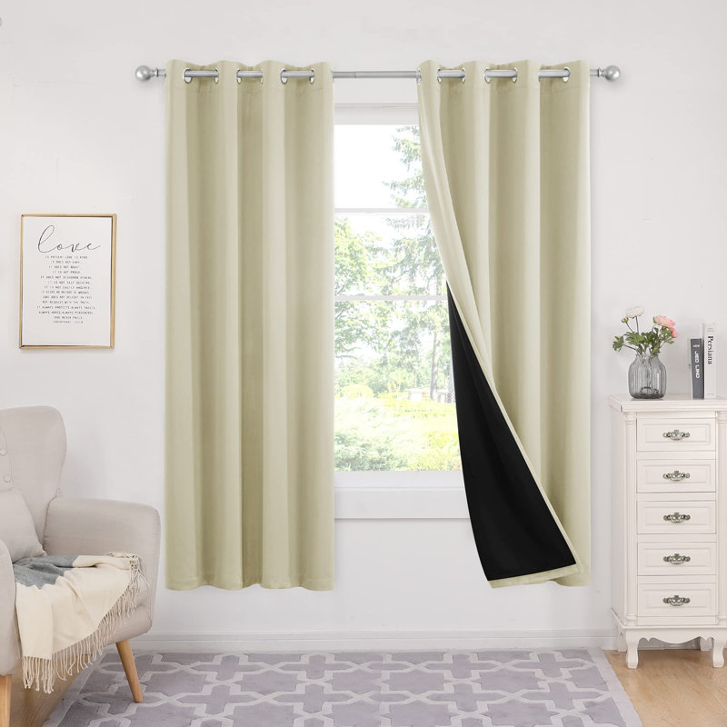 Bursaite 100 Percent Blackout Double Layers Lined Curtain Panel Pair, 52" W x 45" L, Beige