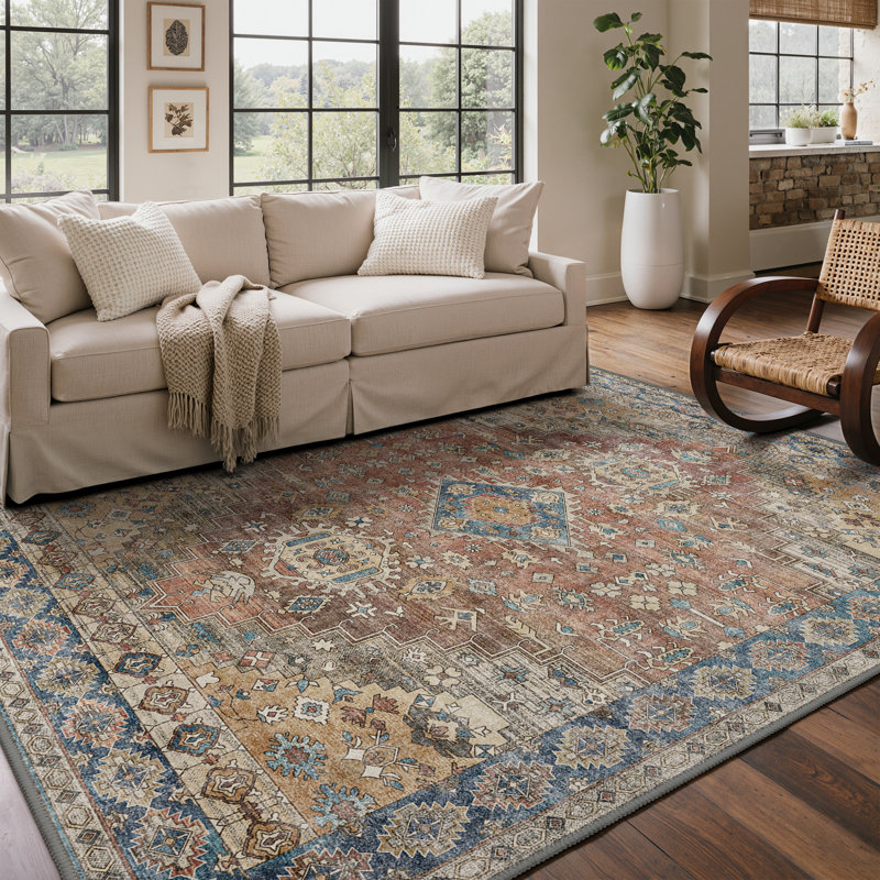 Oriental Neutral Vintage Machine Washable Non-Slip Red / Beige Indoor Area Rug, Rectangle 6' x 9', Red