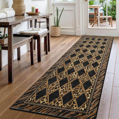 9'x12' Checkered Hallway Runner Rug – Soft Low Pile, Non-Slip, Beige & Black Leopard Print for Kitchen, Bedroom, Entryway