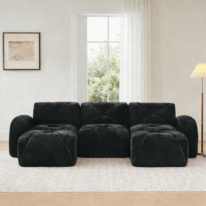 Canapé Cloud en forme de U sans os, canapé modulaire modulaire avec coussins capitonnés, canapé en velours avec repose-pieds mobile