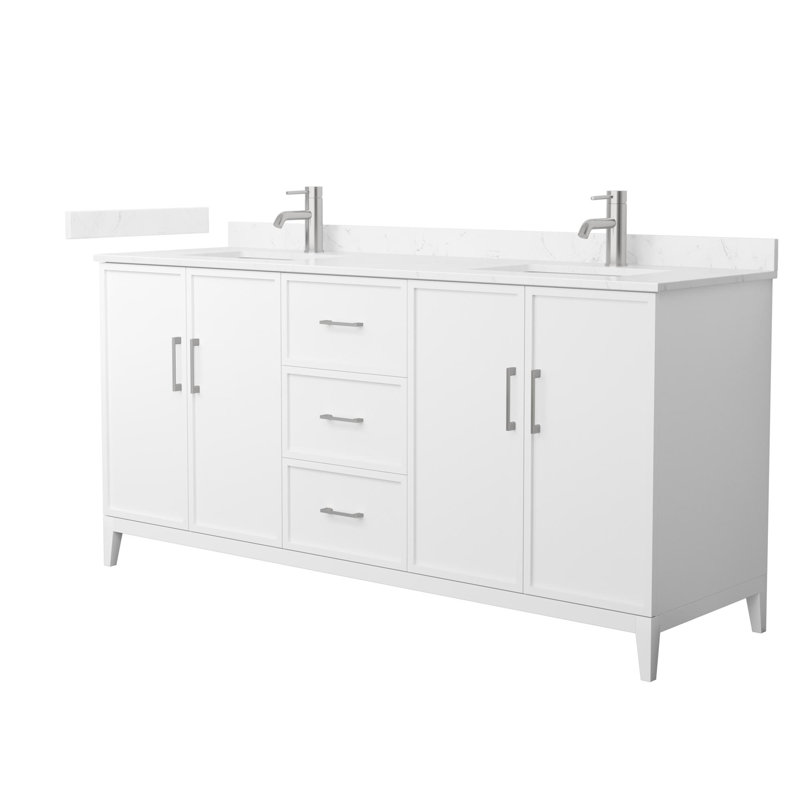 Meuble-lavabo double 72 po avec plateau en marbre Elan, Marbre de culture de Carrare, Blanc, Nickel brossé
