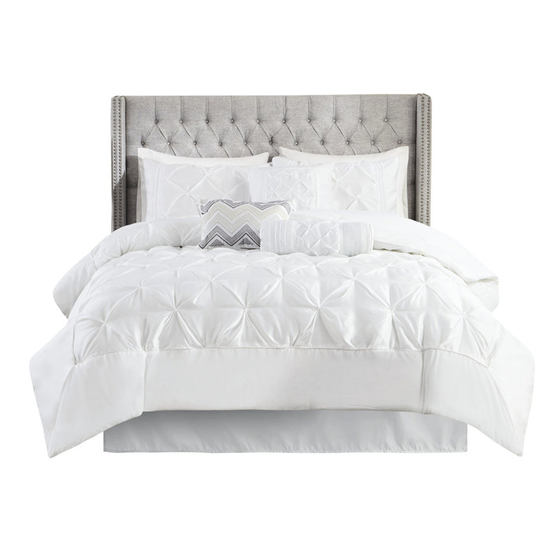 Élégant édredon très grand blanc - 7 pièces avec motif et comprend un édredon, des taies décoratives, des oreillers et une jupe de lit 2 pièces assorties 3