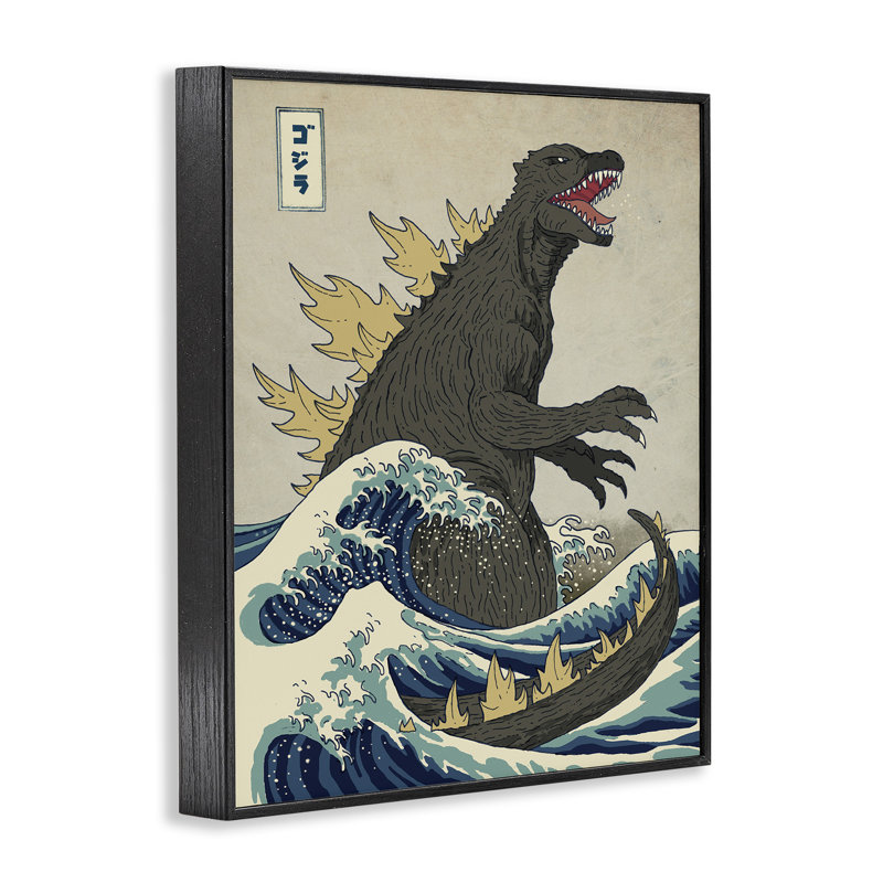 «Godzilla in the Waves», ensemble d'impression sur toile panoramique, H 20 po x l 16 po, Giclée encadrée noir minuit