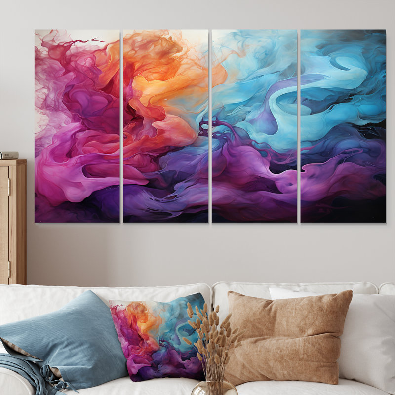 Encre liquide liquide, nuages magenta mauve doré - décoration murale en marbre 4 pièces, H 32 po x l 64 po