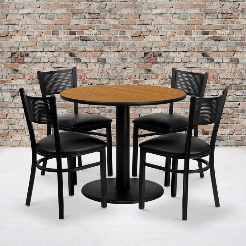 Ensemble de table ronde en stratifié naturel 36 po avec 4 chaises en métal - Siège en vinyle