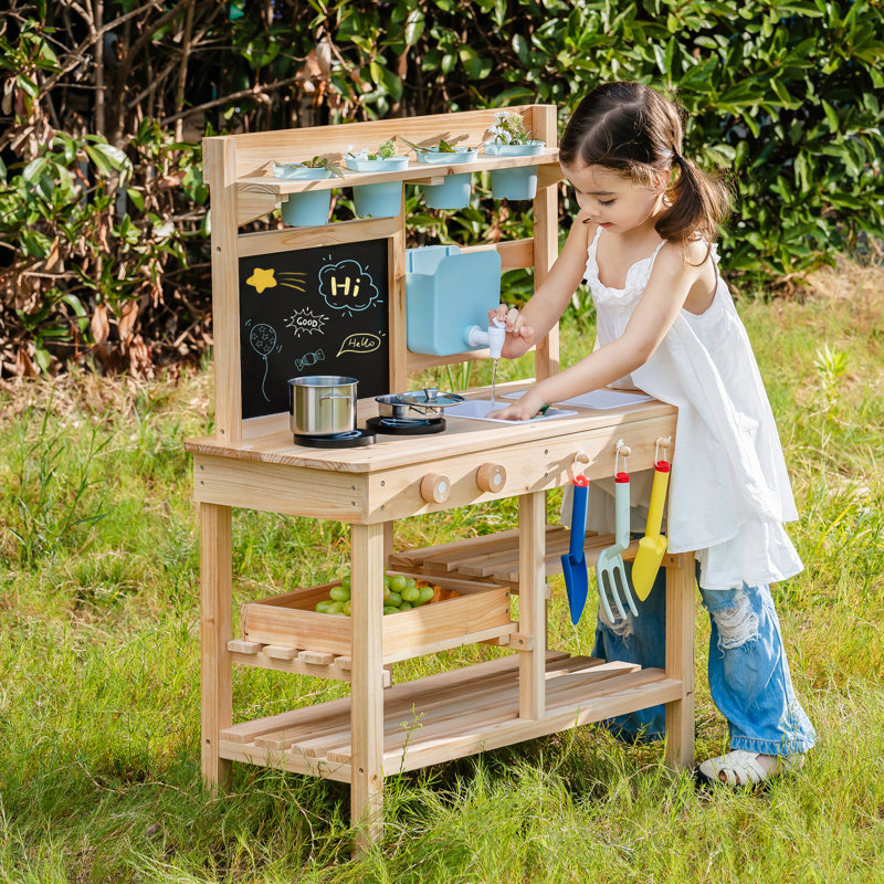 ROBUD Wooden Mud Kitchen for Toddlers, Outdoor Play Kitchen with Sink, Stove, Planting Pots, Blackboard, Storage Shelf & Kitchen Accessories, Pretend Play Toy for Boys & Girls Ages 3+