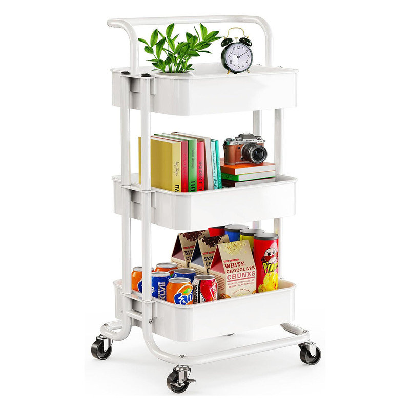 White 3-Tier Metal Rolling Utility Cart with Lockable Wheels
