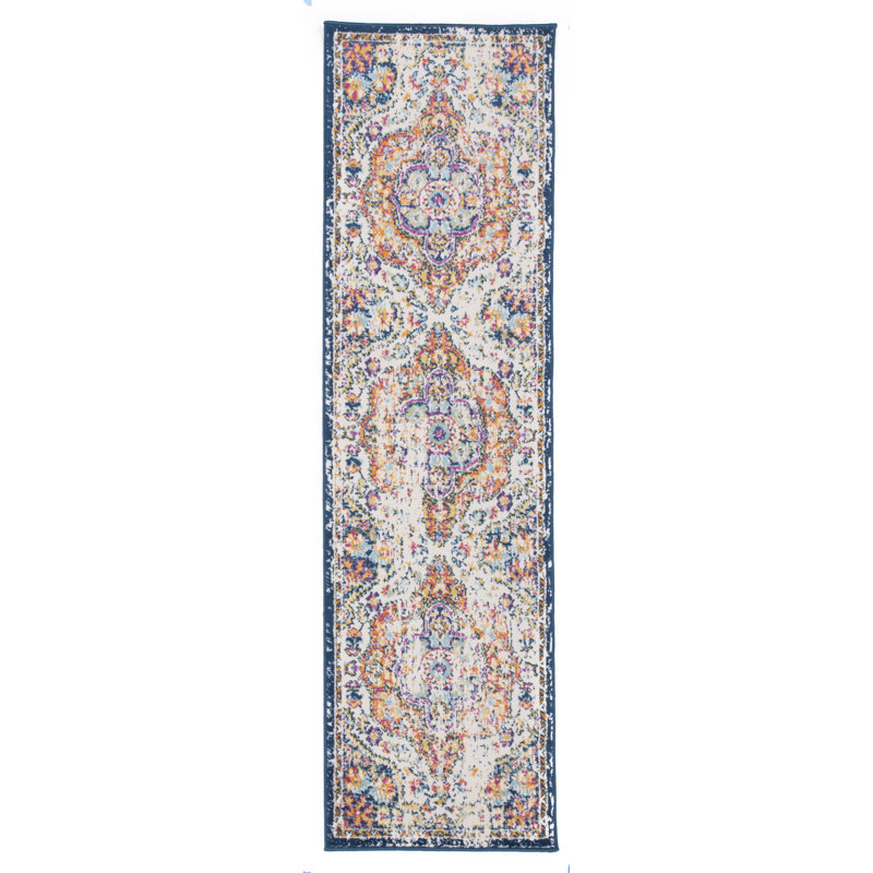Beverly Oriental Orange/Blue/Cream Area Rug, Runner 2' x 10'
