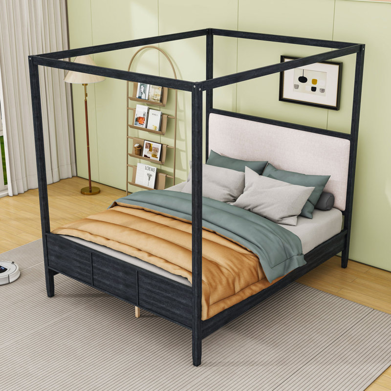 Lit plateforme à baldaquin en bois avec tête de lit rembourrée et lattes robustes, Black, Grand lit