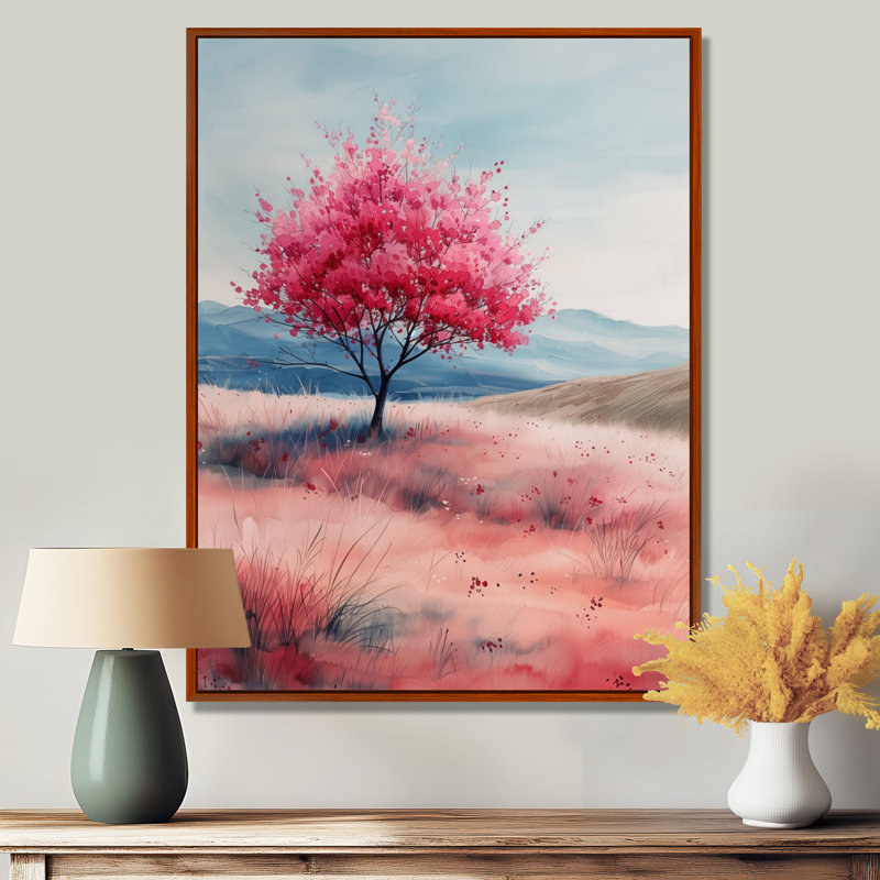 Fleur de cerisier rose bleu pré de prairie I - fleur de cerisier, art mural salon, Toile avec cadre flottant brun