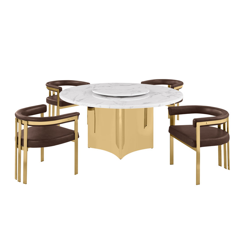 Ensemble de salle à manger en marbre blanc avec chaises Lazy Susan et Leathaire, Espresso
