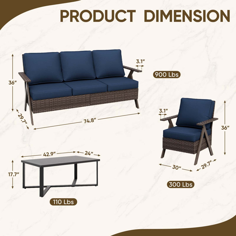 Ensemble de conversation avec ensemble de conversation 4 pièces en osier avec table basse et coussins, Blue