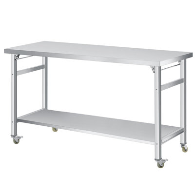 60"x24" Folding Stainless Steel Prep Table with Lockable Casters & Undershelf, 2-Tier Portable Heavy-Duty Commercial Workstation, 920LBS Capacity for Kitchen, Workshop, Restaurant, Garage