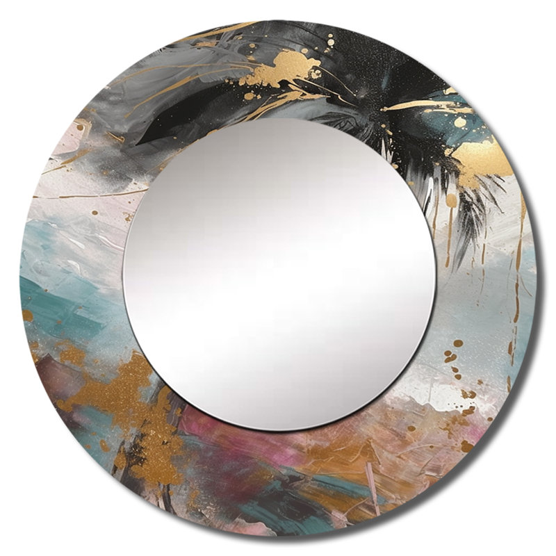 Quilliams noir élégant palmiers I - miroir de feuilles, miroir mural rond noir unique, impression d'art en métal