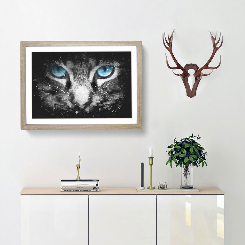 Bright Blue Cat Eyes - Picture Frame Painting Print, 45cm H x 63cm W x 2cm D, Oak Framed