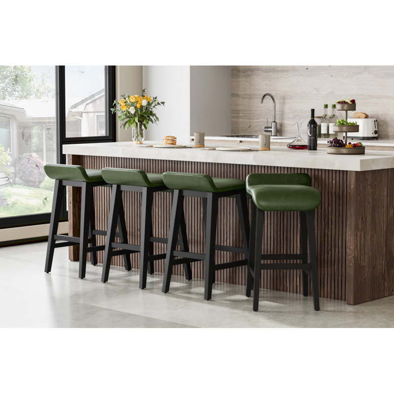 Ensemble de 2 tabourets de bar en bois massif, tabourets de bar à hauteur de comptoir avec large siège rembourré en cuir de polyuréthane, tabourets de bar avec pieds en bois robuste